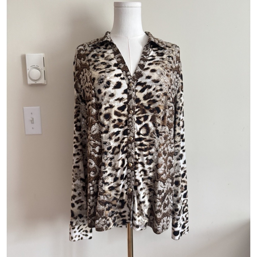 Vintage Y2K Going Out Button Up Top Cache XL Animal Print Neutral Chic Tan Black